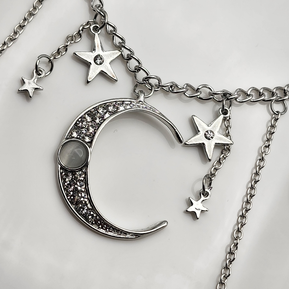 Silver Crescent Moon Star Necklace - Picture 4 of 9